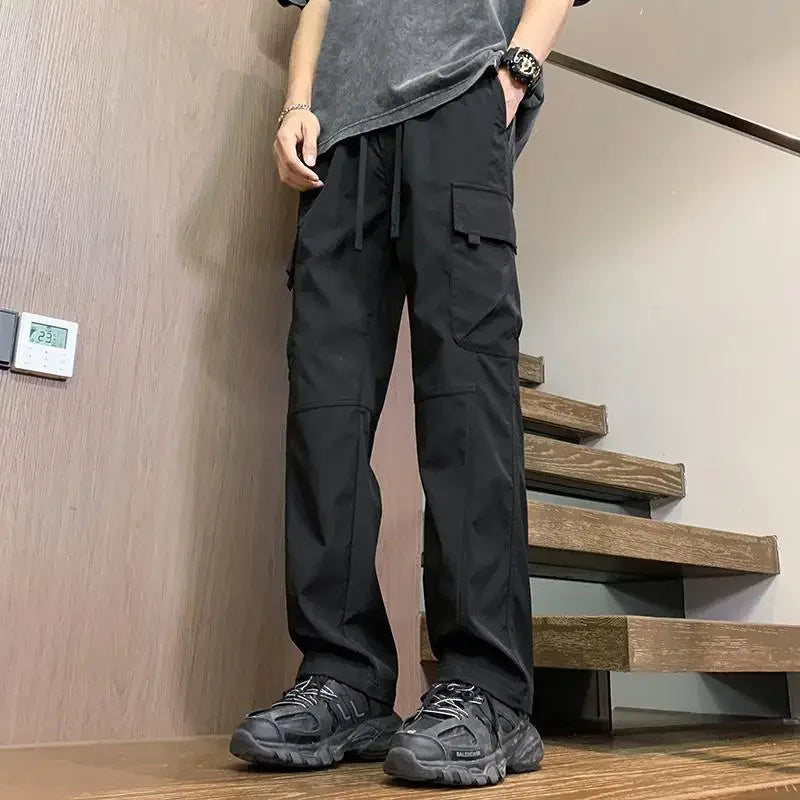 Threebooy  Male Trousers Spring Summer Wide Black Men's Straight Cargo Pants New in Nylon Fashion Emo Cheap Korean Style Harajuku Loose