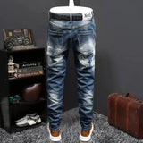 Threebooy Retro Embroidered Patchwork Hole Men Jeans Hip Hop Fashion Trendy Jeans Pant Men Printed Ripped Jean Men Slim Jeans Without Belt
