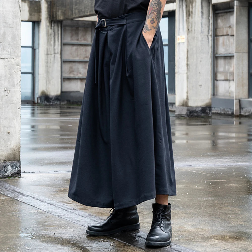 Threebooy Japanese Streetwear Baggy Fashion Casual Wide Leg Pants Men Punk Hip Hop Skirt Pants Black Harem Trousers Men's Culottes Unisex