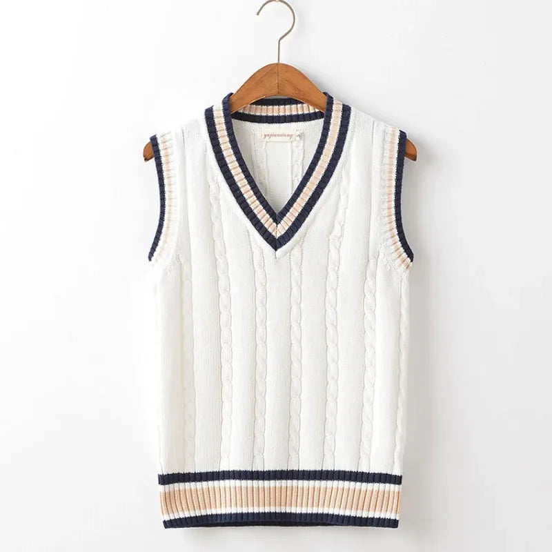 Threebooy Striped White Knitted Sweaters for Men Blue Sleeveless Man Clothes V Neck Vest Red Waistcoat Jumpers Sweat-shirt Cigaret Cotton
