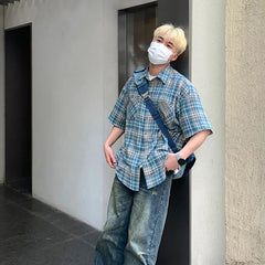 Threebooy Summer Men's Elegant Turn Collar Plaid Shirt Casual Street Wear Lapel Shirts For Men Vintage Vacation Blouse