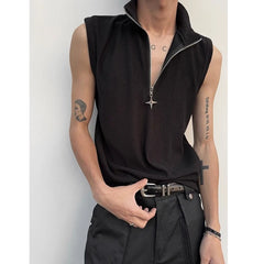 Threebooy  High Street Zipper Patchwork Tank Tops Men's Summer New Sleeveless Solid Simplicity Casual Pullovers Fashion Trend Men Clothing
