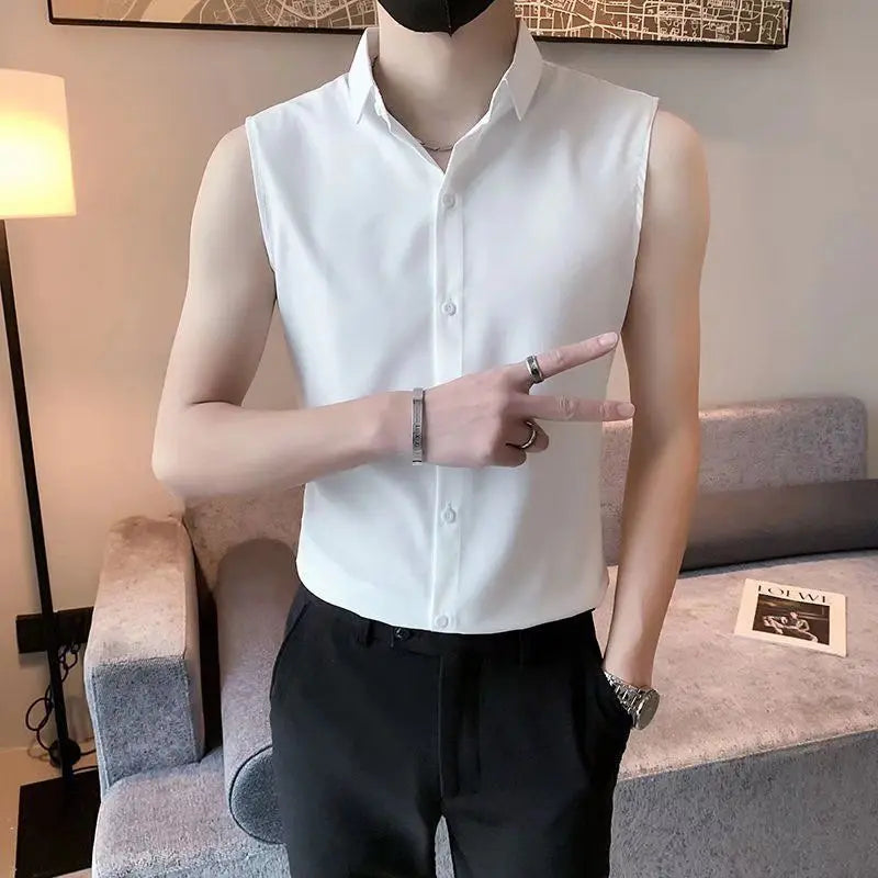 Threebooy  Elegant Fashion Harajuku Slim Fit Ropa Hombre Casual All Match Cotton Tshirts Solid Button Lapel Collar Sleeveless Blusa Vest