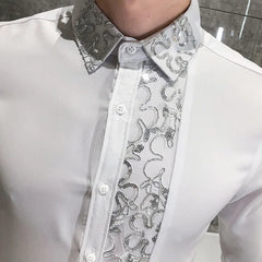 Threebooy Sequin Wedding Dress Shirt Korean Men Clothes 4xl Black White Mens Lace Shirt Long Sleeve Slim Fit Social Dress Shirt