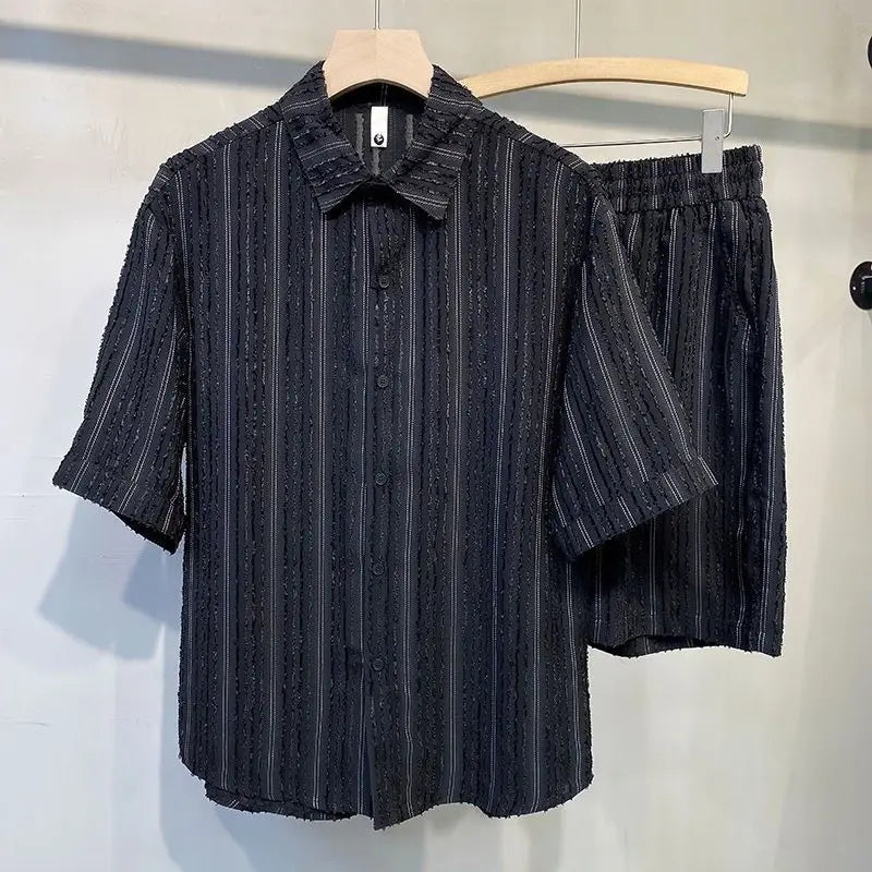 Threebooy  New summer casual set for men's handsome non-iron drooping loose striped shirts fashionable simple breathable shirt men's suit