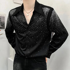 Threebooy Mens Sexy Diamond Shoulder Pad Shirt Autumn Genderless Fashion Lazy Style Nightclub Performance Loose Long Sleeve Shirt Unisex