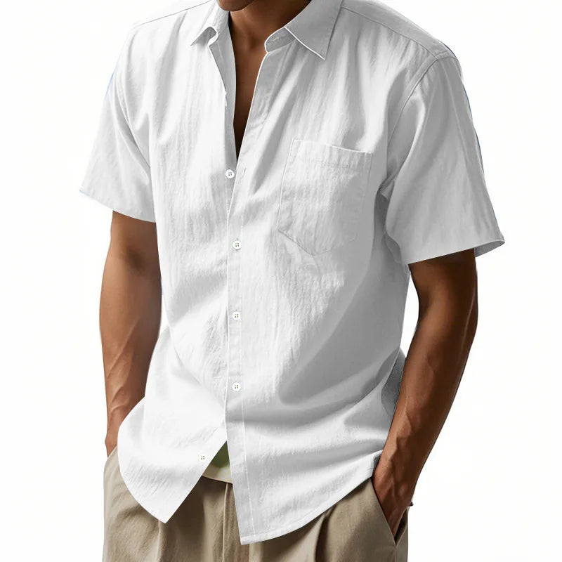 Threebooy Summer Solid Cotton Linen Lapel Short Sleeved Shirt For Men Casual Pocket American Style Shirts And Blouses