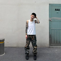 Threebooy Y2K Fashion Branching Pattern Baggy Stacked Cargo Pants Men Clothes Camouflage Hip Hop Long Trousers