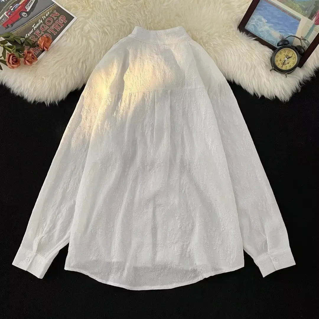 Threebooy Chinese Style Blouse Buckle Stand Collar Shirt Korean 2025 Summer New Trend Embroidered Pattern Vintage Shirt Jacket