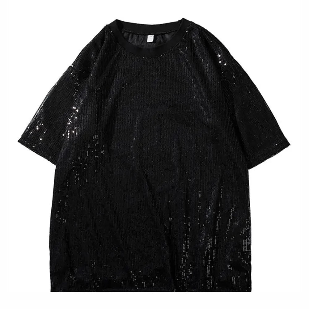 Threebooy Mens sequin casual t-shirt genderless 2024 new fashion nightclub personality versatile performance short-sleeved top unisex