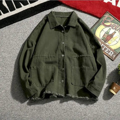 Threebooy Japanese Cargo Retro Jacket Men 2025 Spring Loose Large Size Army Green Denim Jacket Preppy Trendy High-end Simple Jacket Chic