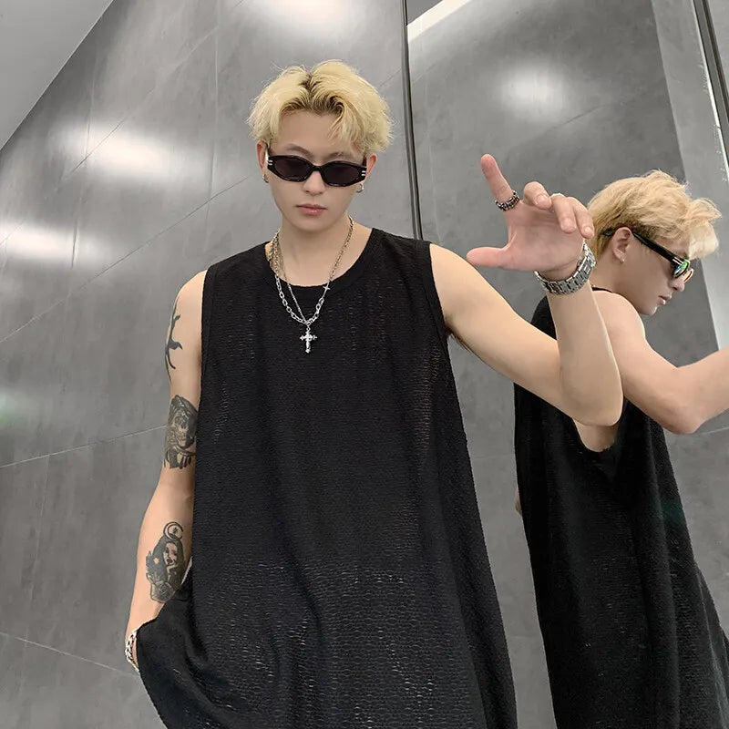 Threebooy Men Ice Silk Hellow Sleeveless TShirts O-Neck Vest Summer Male Loose Casual Tank Tops Fashion Oversized Singlets Male Clothing