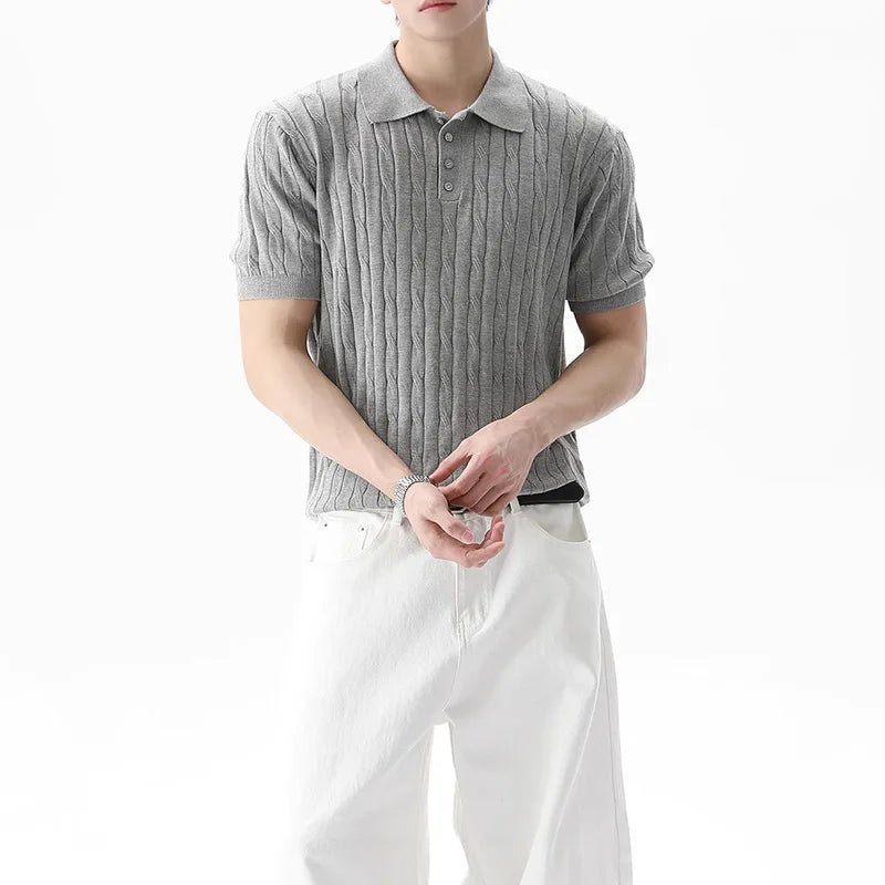 Threebooy  New Trendy Jacquarded Men Polo Shirt Light Luxury Casual Business Solid Color Knitted Short Sleeve T-shirt Fashion Stretchy Tops