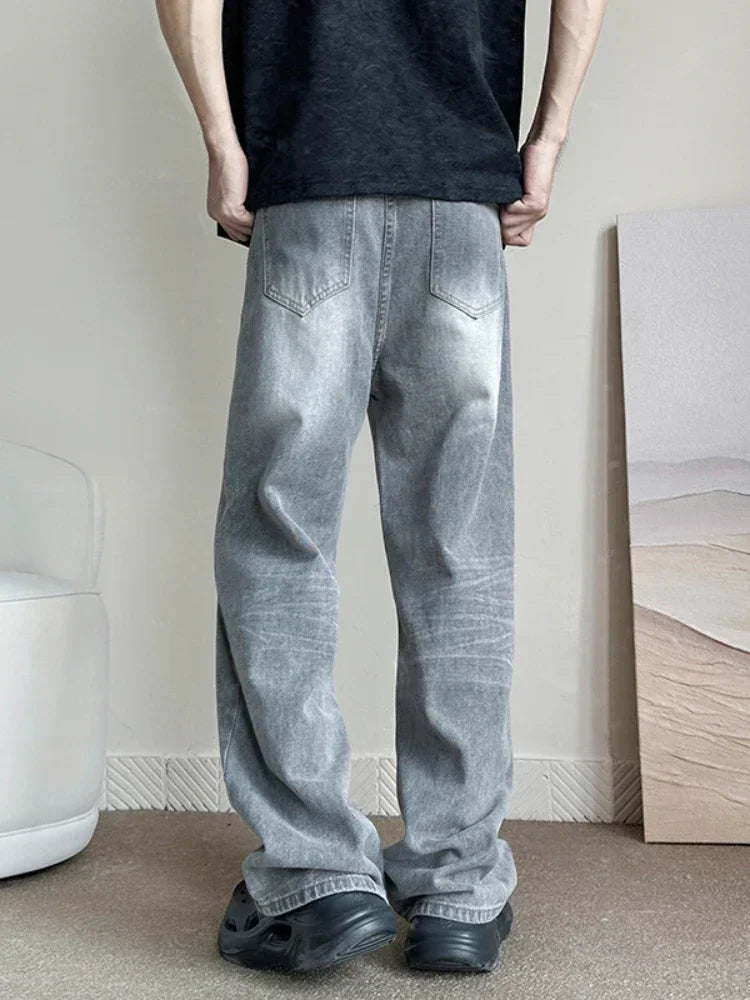 Threebooy  New Vintage Gray Baggy Jeans Men Fashion Harajuku Casual Y2k Pants Straight High Street Male Wide Denim Trousers