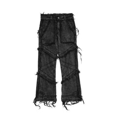 Threebooy ins dark series washed and distressed raw edge jeans men's streetwear hip-hop stitching flared pants patchwork jeans