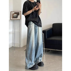 Threebooy  Hong Kong Style Wide-leg Jeans for Men in Spring Autumn New Style Loose-fitting Trendy Pants