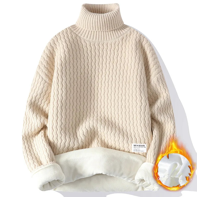 Threebooy New Winter Fleece Turtleneck Sweater Men Warm Knit Pullovers Mens Casual Knitted Sweaters Solid Color Turtleneck Knitwear Man