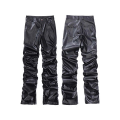 Threebooy Pleated Leather Pants Men’s Motorcycle Pants PU Leather Pants Men’s Punk Leather Cargo Pants Leather Pants