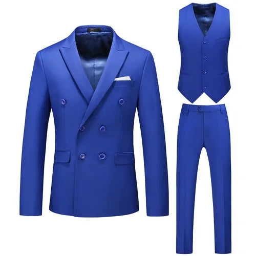 Threebooy (Jackets+Vest+Pants) Double Breasted Tuxedo Suit Men Business Work Wedding Formal Sets Solid Blazers Slim Korean Clothing S-6XL