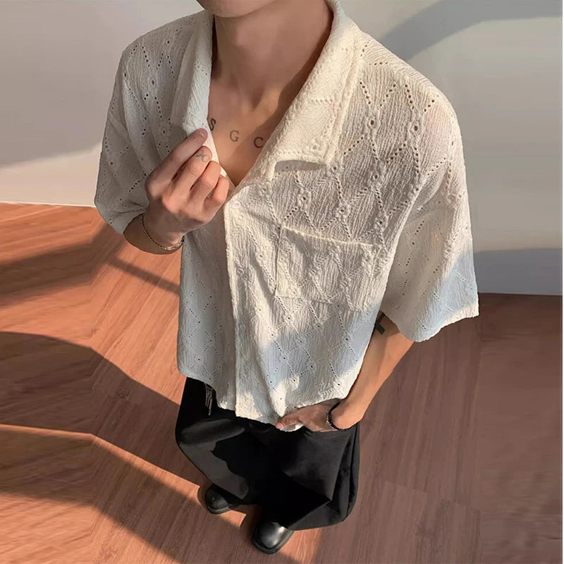 Threebooy  Summer Men's Clothing Light Luxury Jacquarded Suit Collar Shirts Streetwear Button-down Short Sleeve Retro Leisure Fashion M-3XL