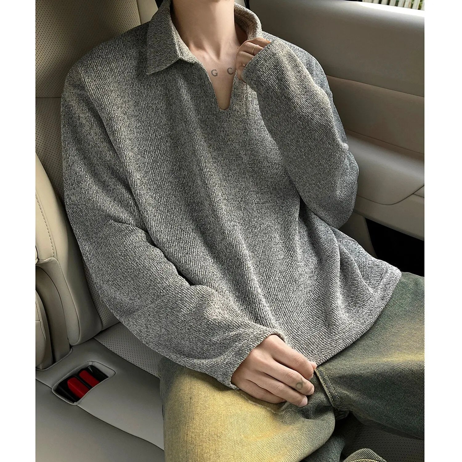 Threebooy American High-end V-neck Polo Shirt Long-sleeved T-shirt Men's Spring Autumn Couple's Trend Simple Base Shirt Elegant Streetwear