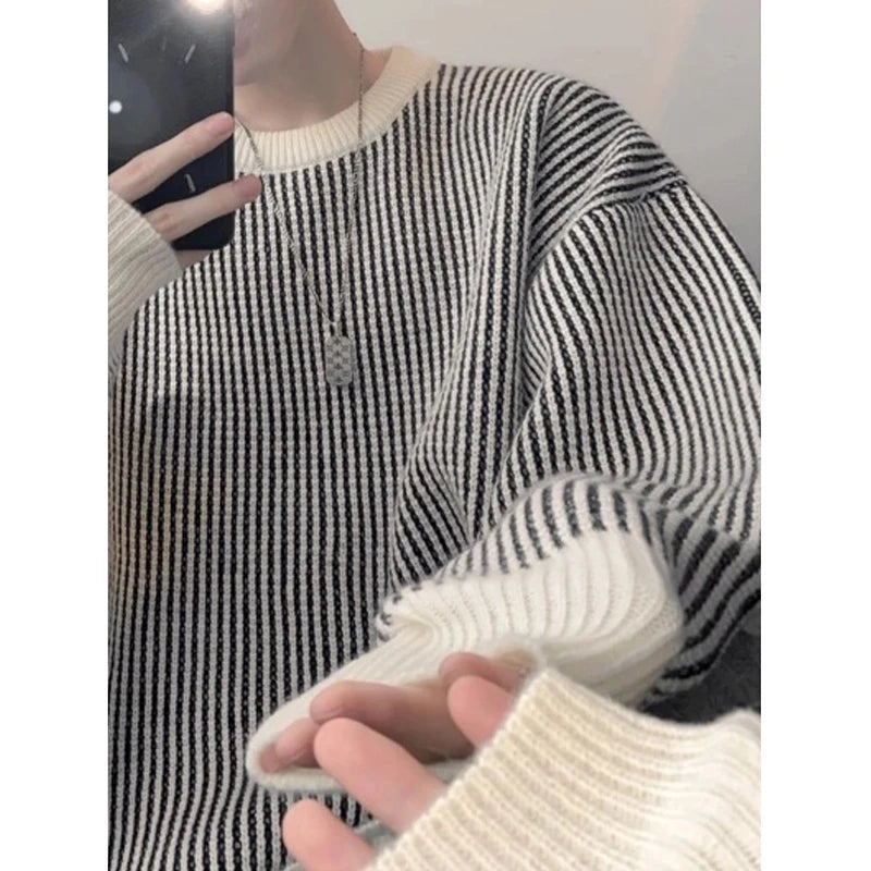 Threebooy  New Japanese Trendy Men Sweater High Street Patchwork Knitted O Neck Long Sleeve Pullover Casual Loose Premium Quality Knitwear