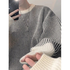 Threebooy  New Japanese Trendy Men Sweater High Street Patchwork Knitted O Neck Long Sleeve Pullover Casual Loose Premium Quality Knitwear