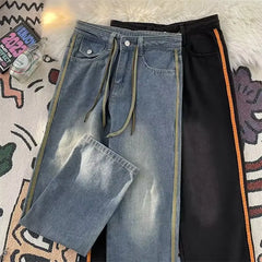 Threebooy American Retro Drawstring Jeans Men's High Street Causal Loose Straight Draping Wide Leg Pants Men Trousers Male