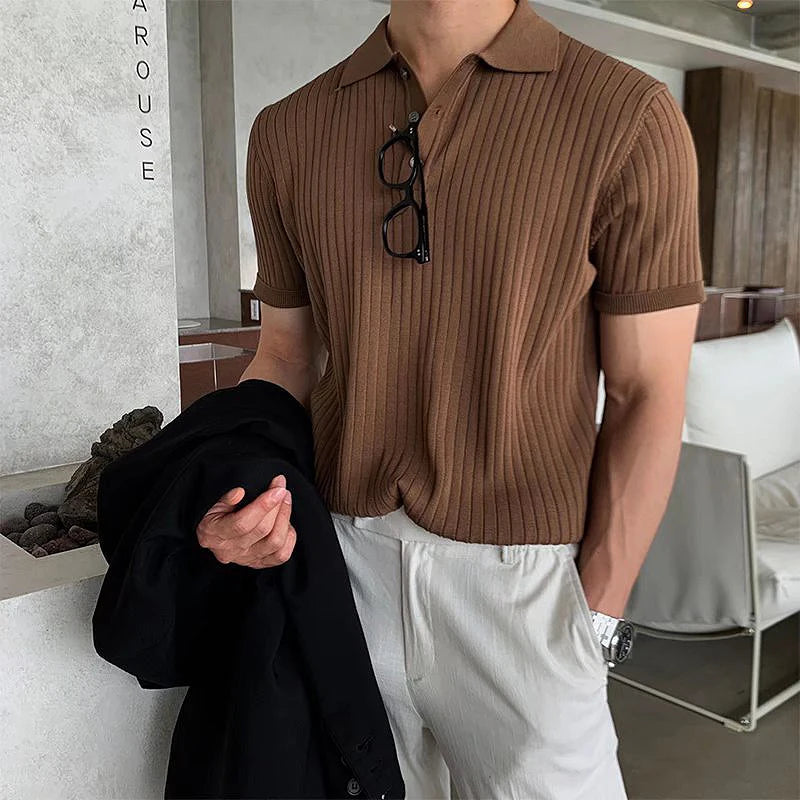 Threebooy  Summer Men's Clothing Retro Knit Lapel Striped Polo Shirt Solid Color Short Sleeve Fashion Light Luxury Popular Knitwear M-3XL