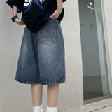 Threebooy High Street Retro Blue Jeans Shorts Summer New Baggy Wide Leg Denim Half Pants Fashion Streetwear Y2k Clothing Oversize Man