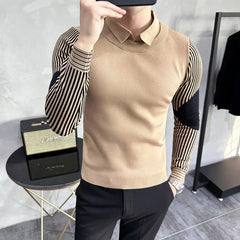 Threebooy Fake 2 Pieces Shirt Collar Sweaters Male Slim Fit Fashion Striped Casual Pullover Brand Clothing Man Long Sleeve Sweaters 3XL-M