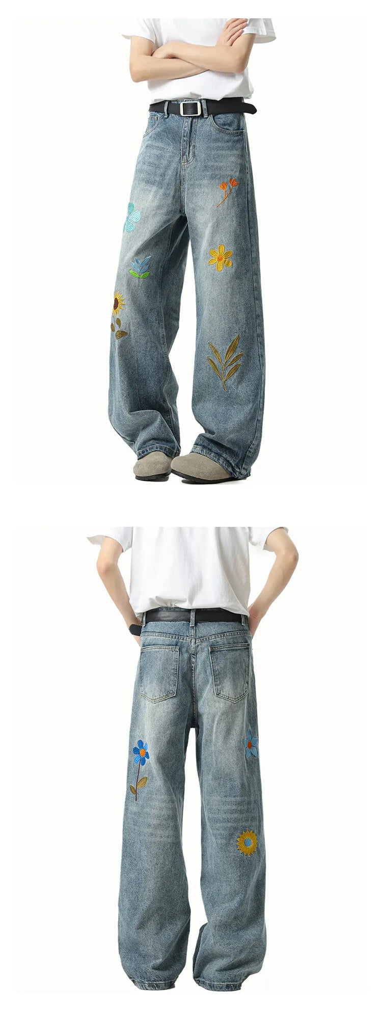 Threebooy Jeans Men Washed Embroidered Jeans Loose Fit Straight Wide Leg Casual Denim Pants Fashion Trendy Streetwear Trousers Comfort