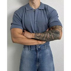 Threebooy  Korean Style Short Sleeve Polo Shirt Men's Casual Loose Knitted Button Cardigan Summer New Fashion Urban Fashion Polyester Fiber