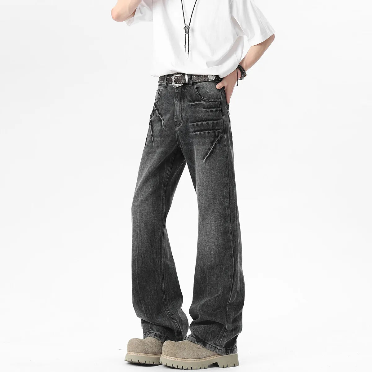 Threebooy  New Bootcut Jeans men Vintage Washed Distressed Wrinkle Crinkle Design Comfort Women Men Fashion Denim man Trousers