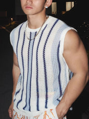 Threebooy  American Style Hard Man Hollow Knitted Vest Muscle Men's Mesh Perspective Loose Sleeveless T-shirt Stripe Mesh Vest Trendy