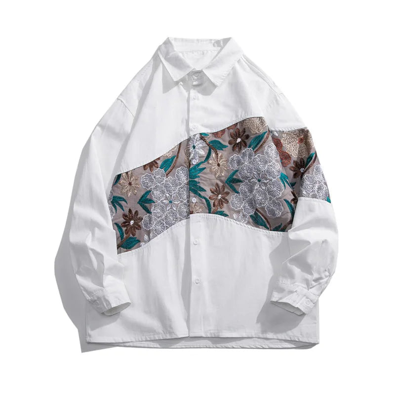 Threebooy Long Sleeved Shirt Men Fashion Retro Flower Shirt Mens Japanese Streetwear Hip-hop Loose Embroidered Shirt Men Large Size 5XL