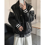 Threebooy Men's Retro Lapel Collar Motorcycle Pu Leather Baseball Streetwear Jacket Fashion Trend Loose outerwear Black Color Coats