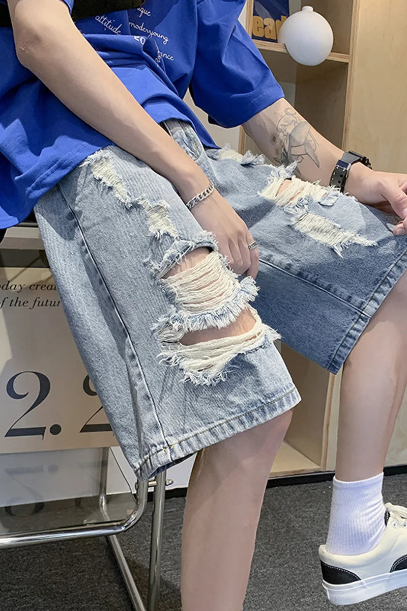 Threebooy 2024 New Fashion Mens Ripped Short Jeans Brand Clothing Summer Cotton Shorts Breathable Thin Slim Trendy Denim Shorts Male C08