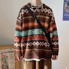 Threebooy Men's Knitted Vintage Graphic Sweater with Pattern Brown Blue Pullovers Sweaters and Jumpers Korean Streetwear Harajuku