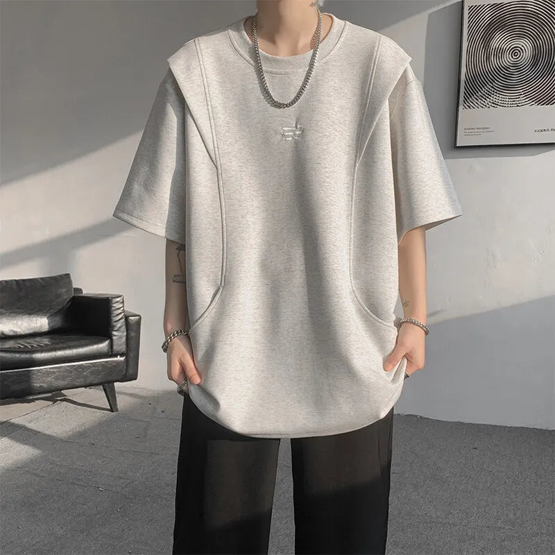 Threebooy  t shirt Men Loose Fit Crew Neck T-Shirt Solid Streetwear Urban Casual Patchwork Design Trendy Hip Hop Tee man 2024 Fashion