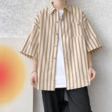 Threebooy Half Sleeve Shirts Men Casual Stripe Shirts Streetwear Oversize Blouses Single Breasted Male Clothing Harajuku Summer