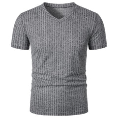 Threebooy  Men's running sports fitness wear summer high stretch vertical strip short sleeve V-neck slim knit base shirt