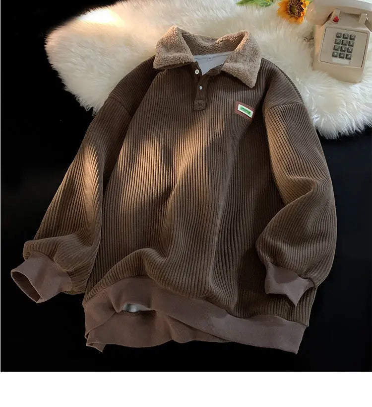 Threebooy Men's Corduroy Polo Shirt Sweater Women's Autumn Winter Fleece Thick Coat Turndown Collar Buttons Long Sleeves Warm Tops