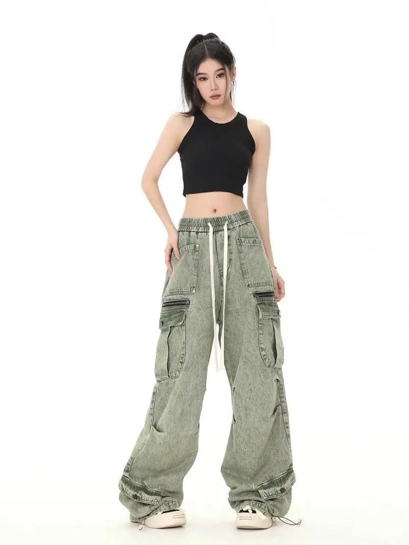Threebooy Hip hop retro high street men and women trendy personalized washed workwear jeans for couples loose straight leg casual pants