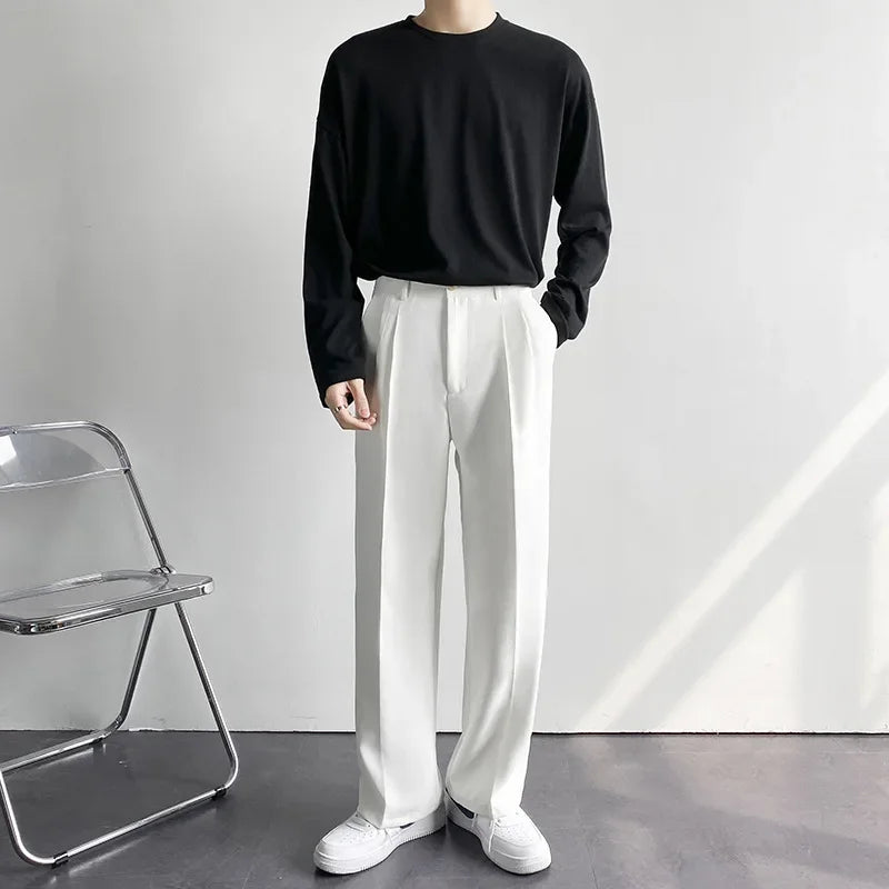Threebooy  2025 New Men Straight Pants Fashion Korean Loose Suit Trousers Casual Draped Baggy White Wide Pant Male Streetwear