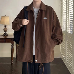 Threebooy Spring Fashion Men's Casual T-Shirt Loose Soft Versatile Tops Zipper Corduroy Jacket Coat Cool Boys Solid Printi Drawstring