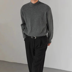 Threebooy Korean Fashion Men Sweater Light Luxury Trendy Mock Neck Knitted Solid Color Pullover Premium Quality Long Sleeve Basic Knitwear
