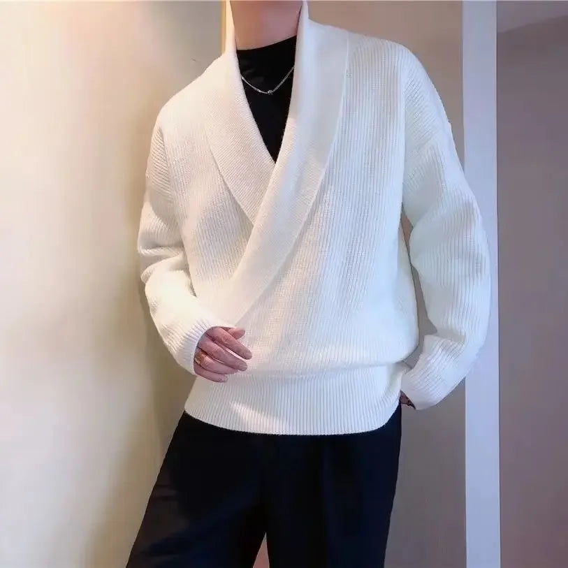 Threebooy  Korean Style Autumn Solid Color V-Neck Draped Unique Men's Sweater Loose Fit Casual Knitted Top For Leisure