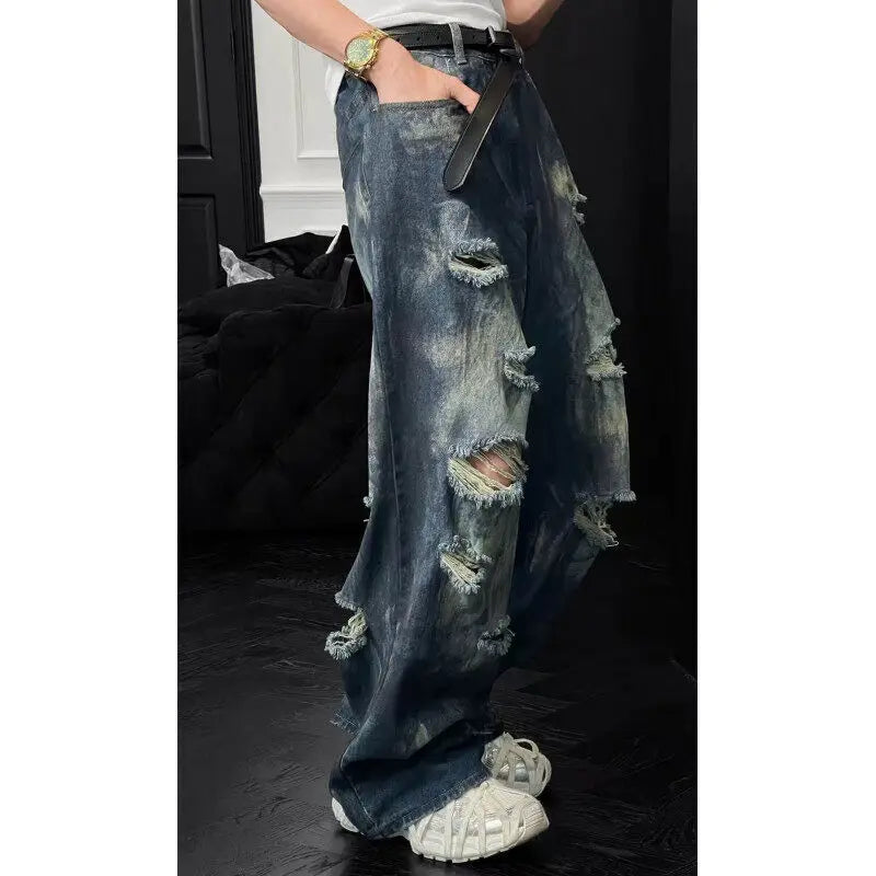 Threebooy  Mens Loose Fit Straight Leg Jeans Dark Blue Ripped Distressed Trendy Streetwear Fashion Casual Urban Denim Pants Hip Hop Style