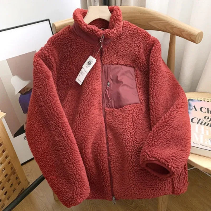 Threebooy Autumn Winter Lambswool Coat Male Loose Windproof Warm Sherpa Stand Collar Polar Fleece Jacket Unisex Simple  Pocket Spliced Top